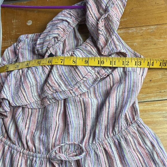 Forever 21 Striped One Shoulder Linen Blend Tiered Pink Striped Mini Dress M - Picture 5 of 8